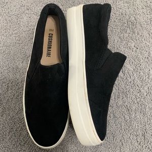 Cushionaire Black Seude slip on sneakers. Lightly worn!